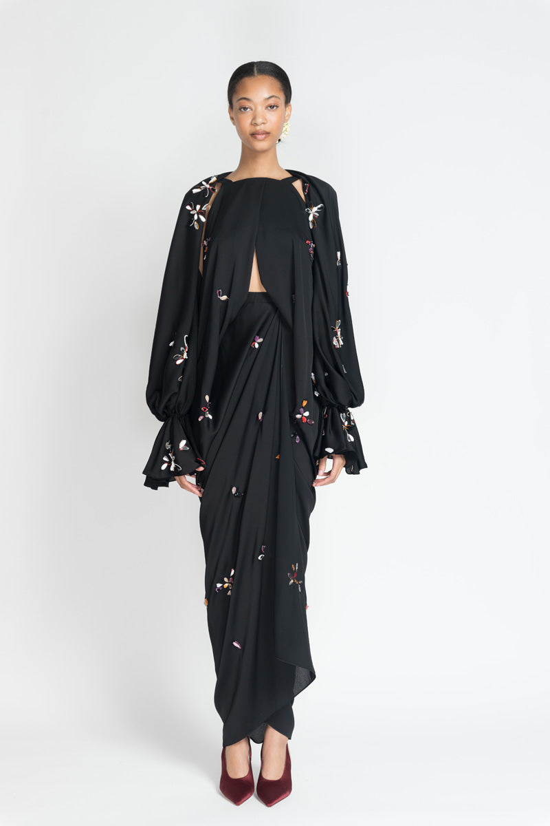 Black Satin Crepe Palazzo Dress With Petal Embroidery 2