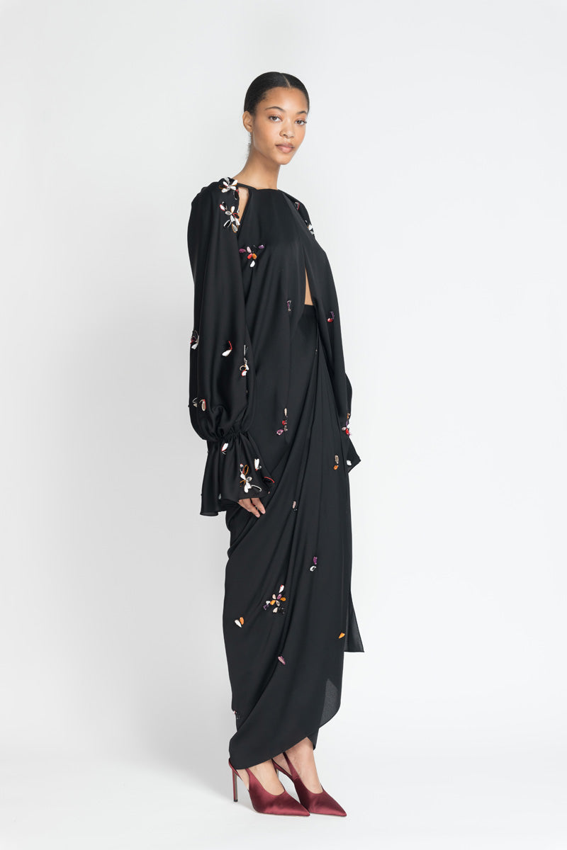 Black Satin Crepe Palazzo Dress With Petal Embroidery 3