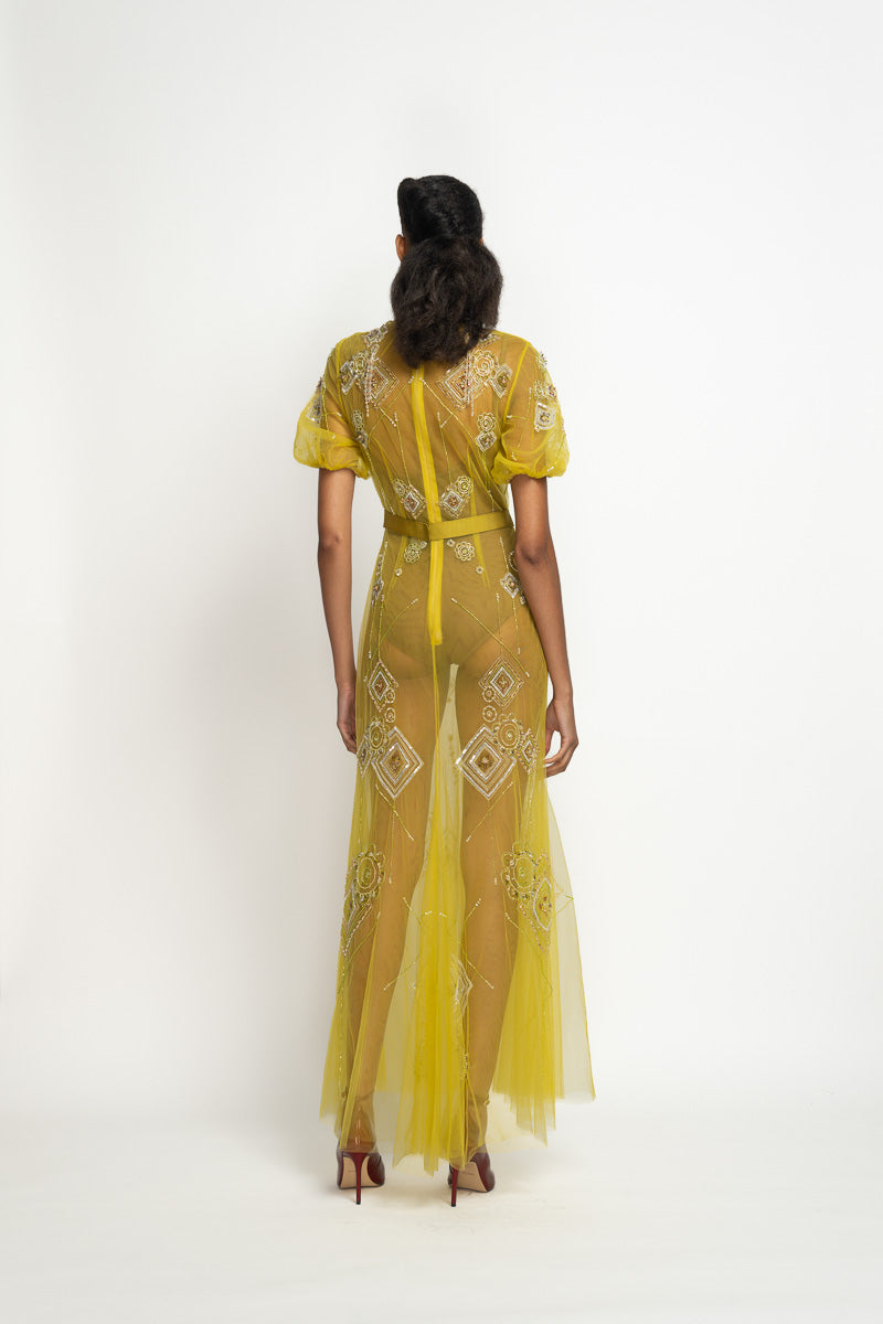 Chartreuse Tulle Dress with Alpana Embroidery 5