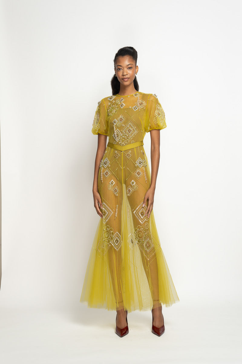 Chartreuse Tulle Dress with Alpana Embroidery 2