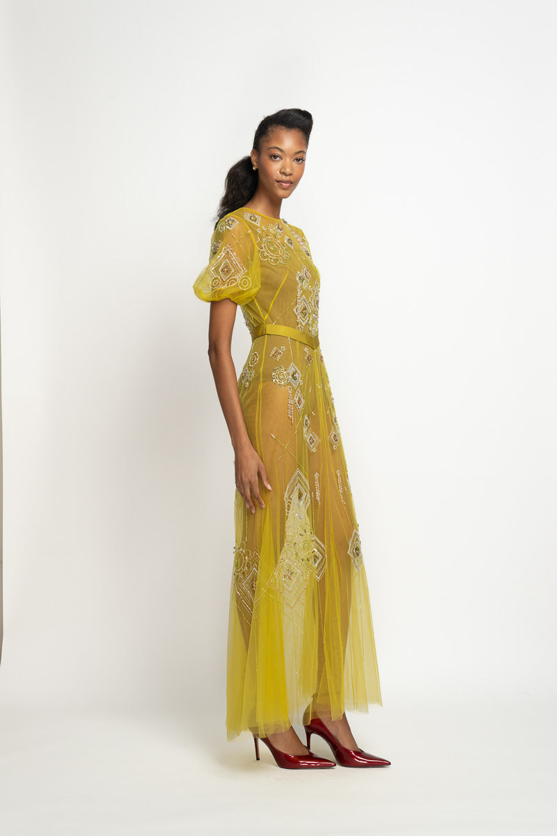 Chartreuse Tulle Dress with Alpana Embroidery 3