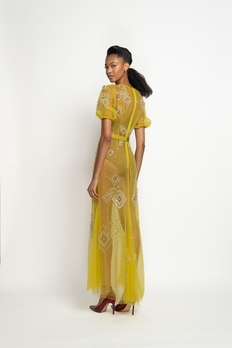 Chartreuse Tulle Dress with Alpana Embroidery 4