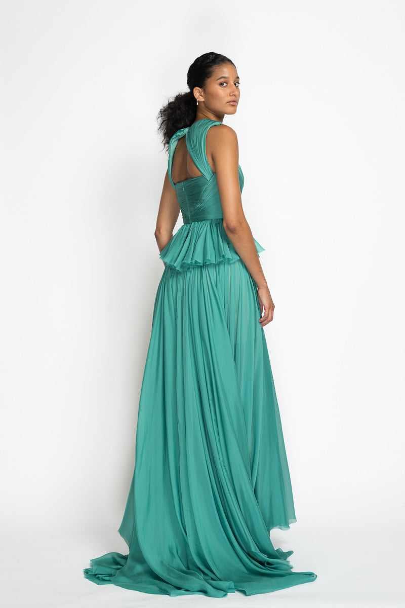 Lagoon Blue Hand Pleated Silk Mousseline Gown 6