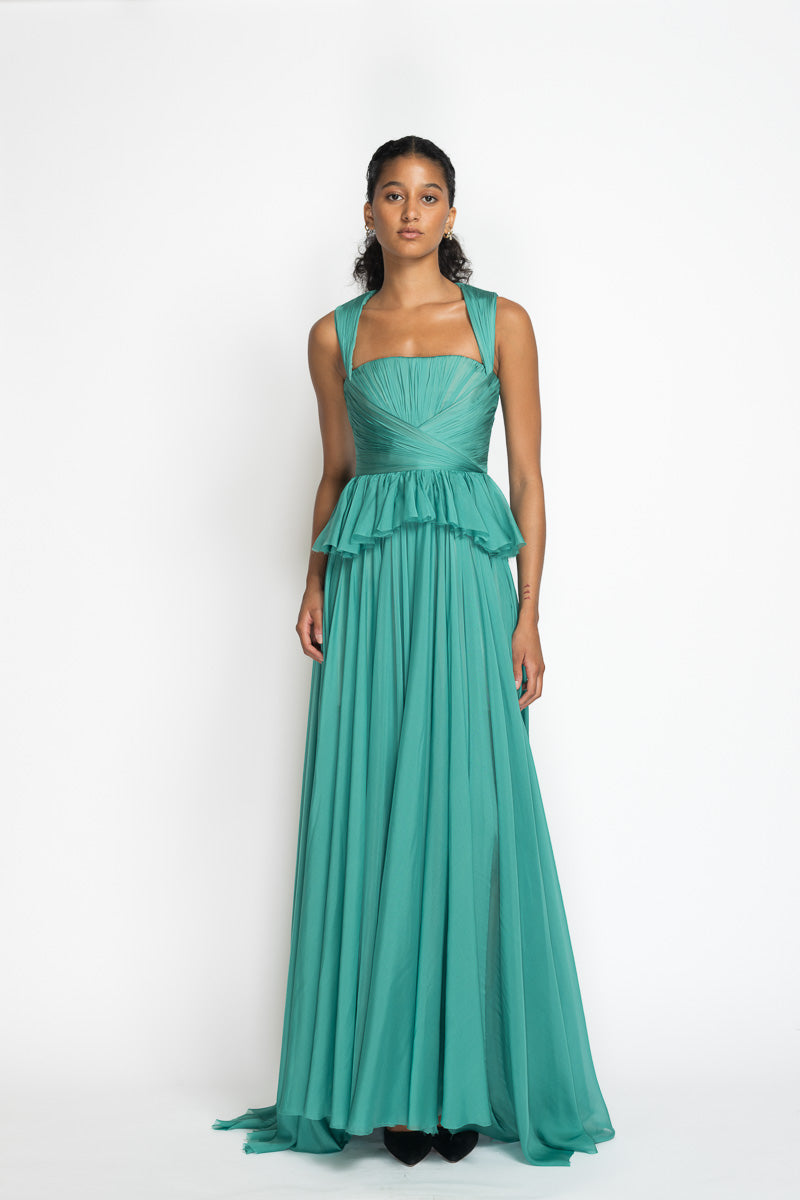 Lagoon Blue Hand Pleated Silk Mousseline Gown 3
