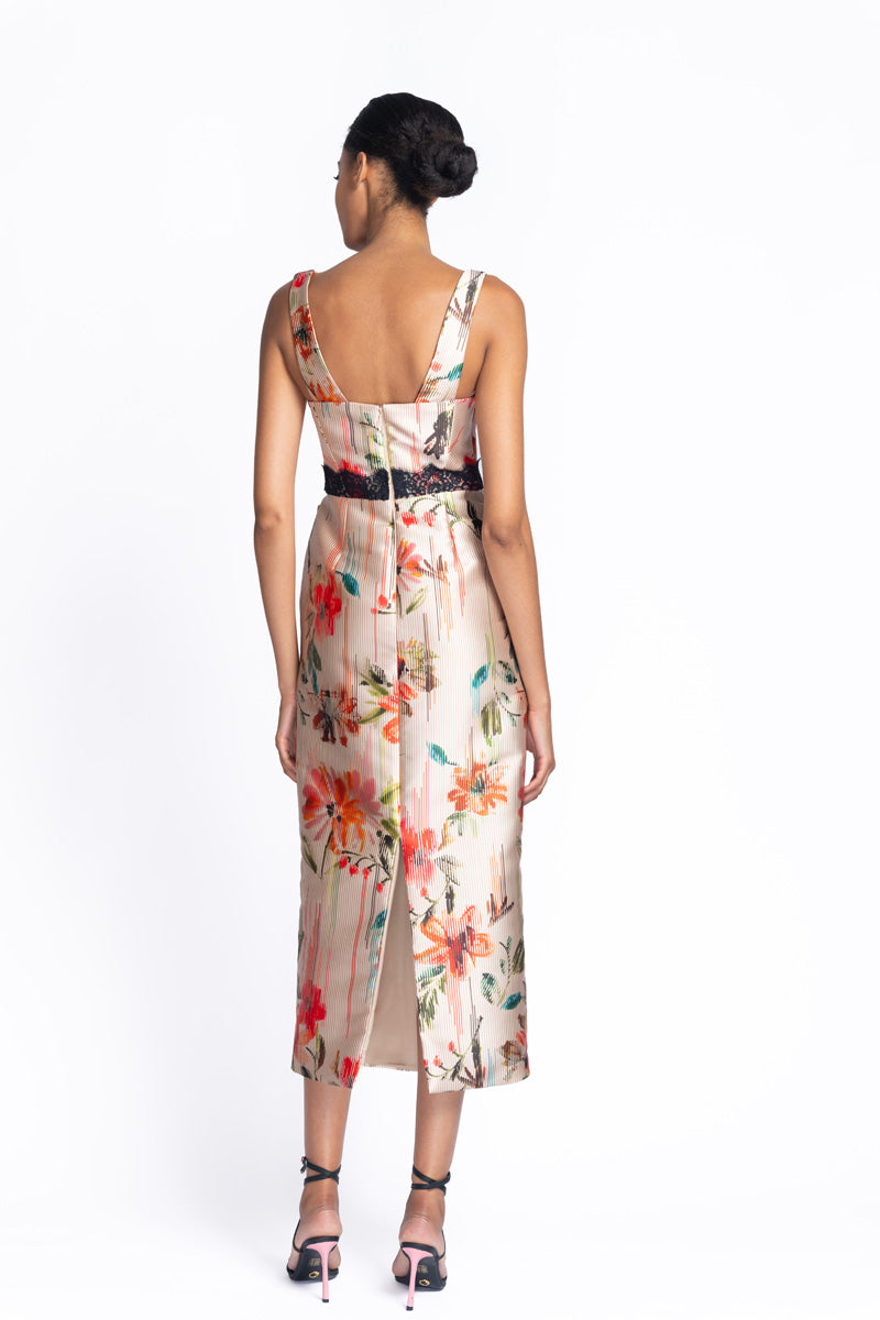 Luisa Print Mikado Dress with Onyx Chantilly Lace Trim 5
