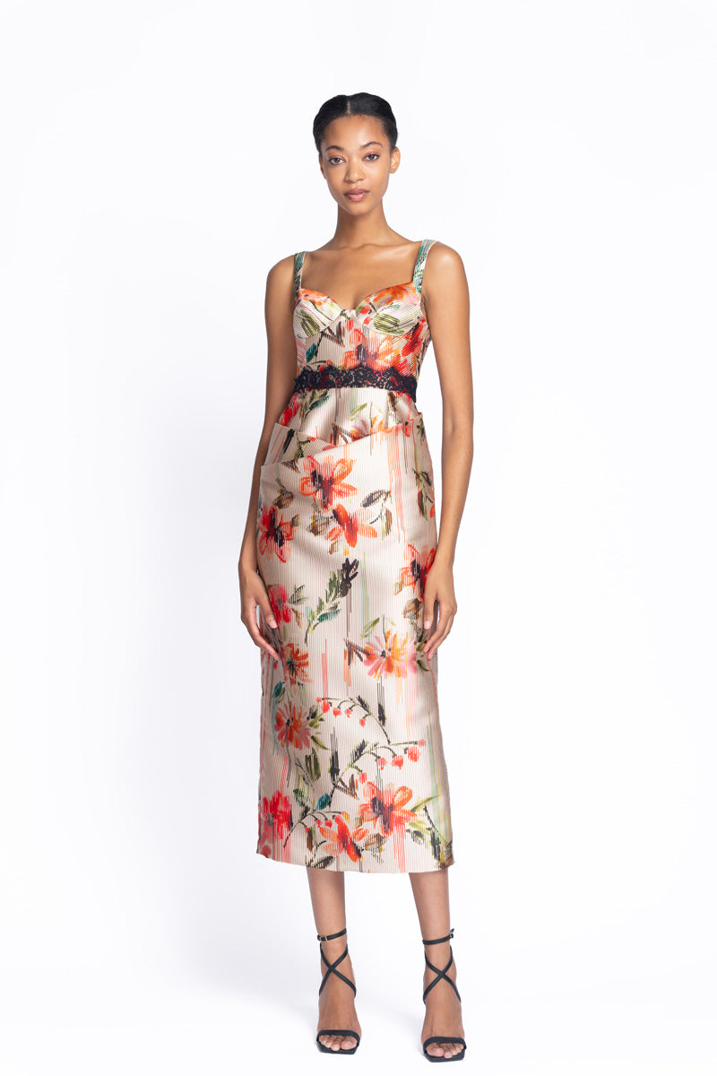 Luisa Print Mikado Dress with Onyx Chantilly Lace Trim 2