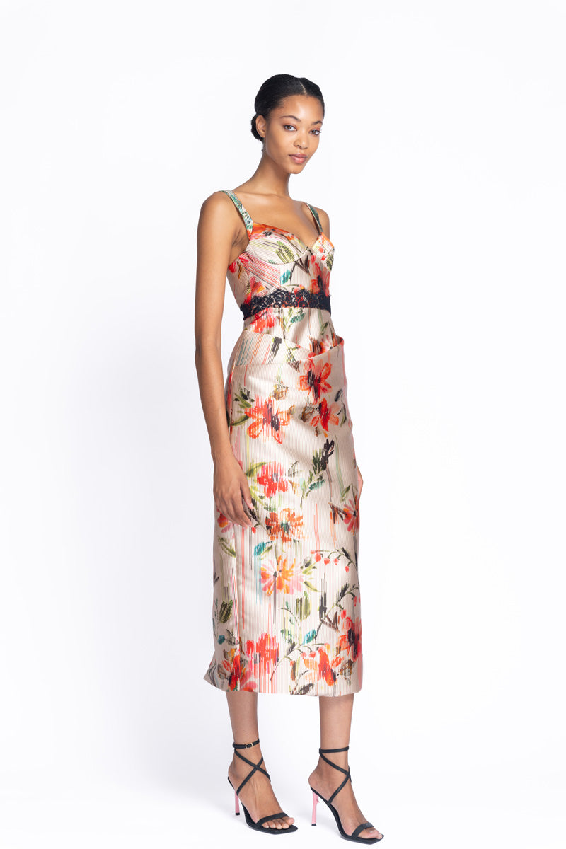 Luisa Print Mikado Dress with Onyx Chantilly Lace Trim 3