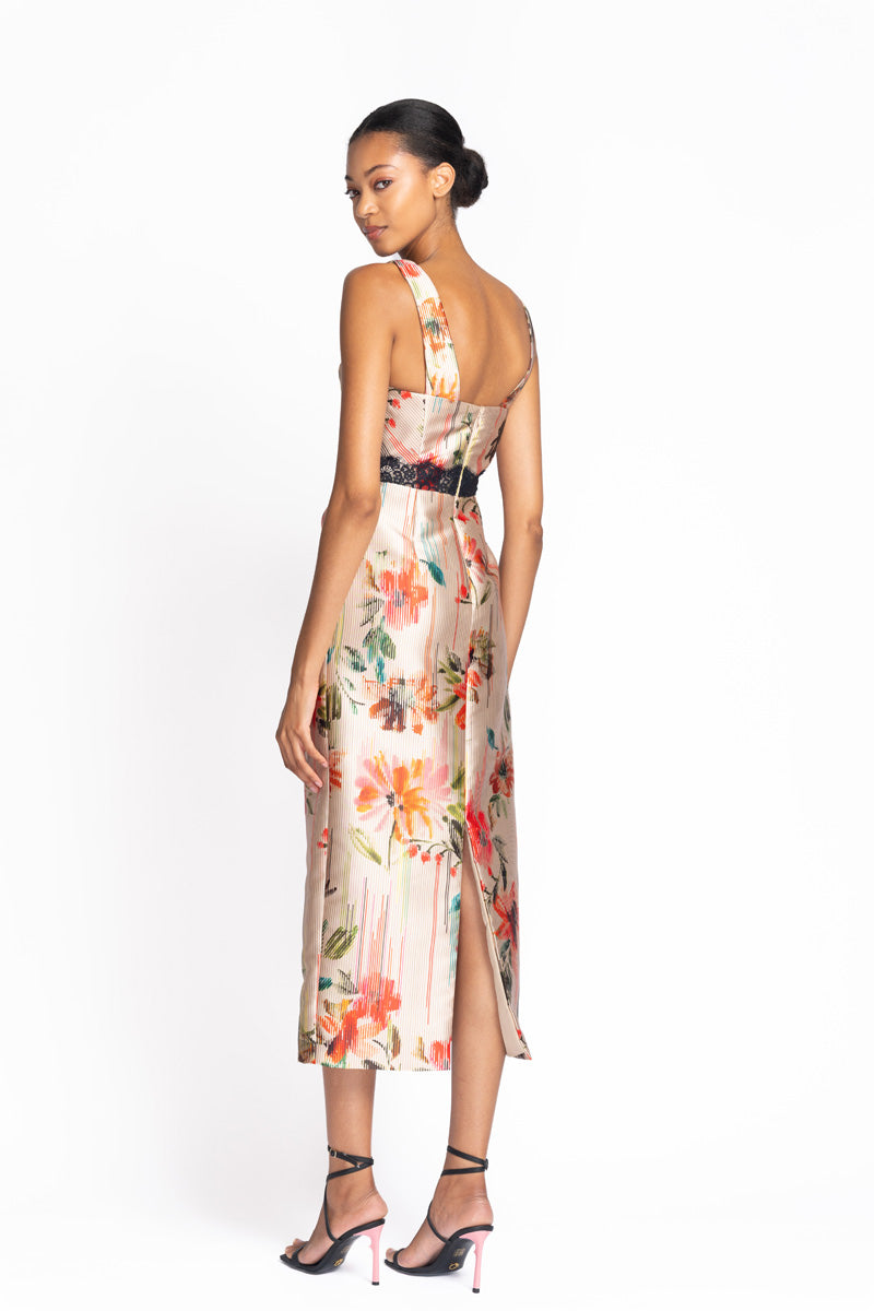Luisa Print Mikado Dress with Onyx Chantilly Lace Trim 4