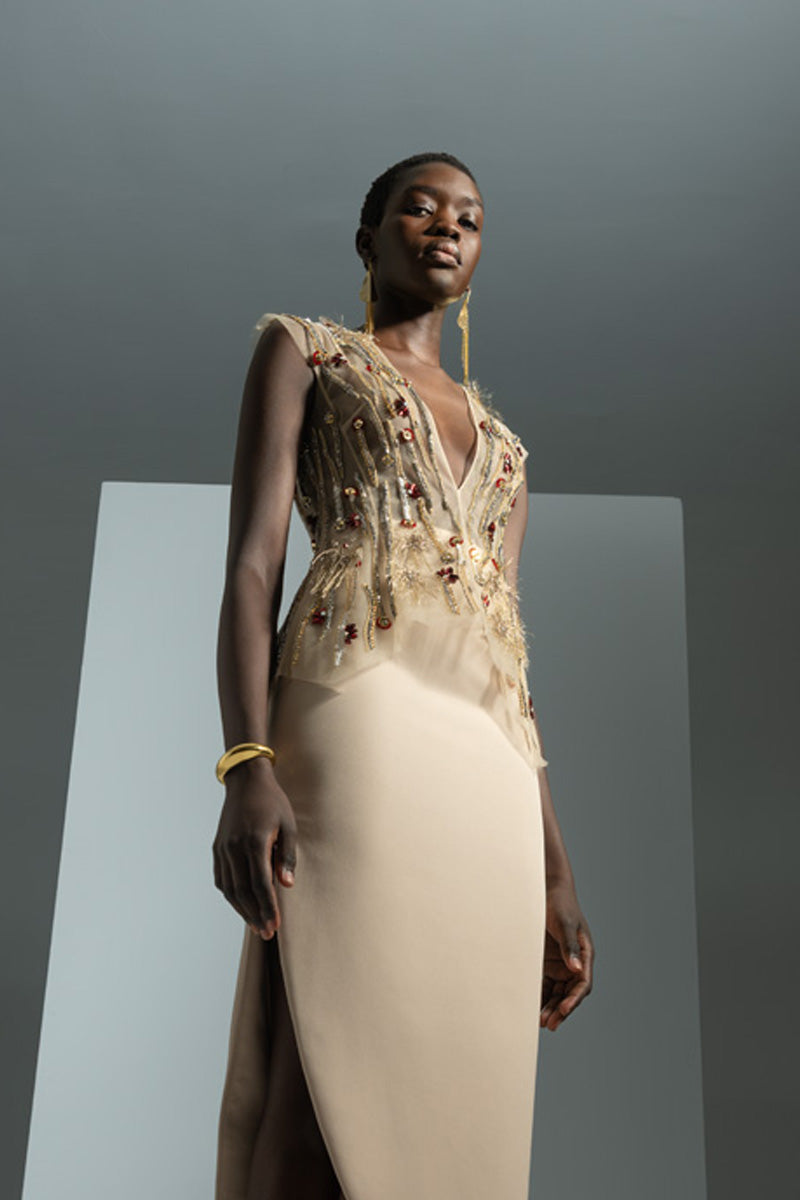 Sand Crystal Radicle Embroidered Deep Plunge Tulle Top