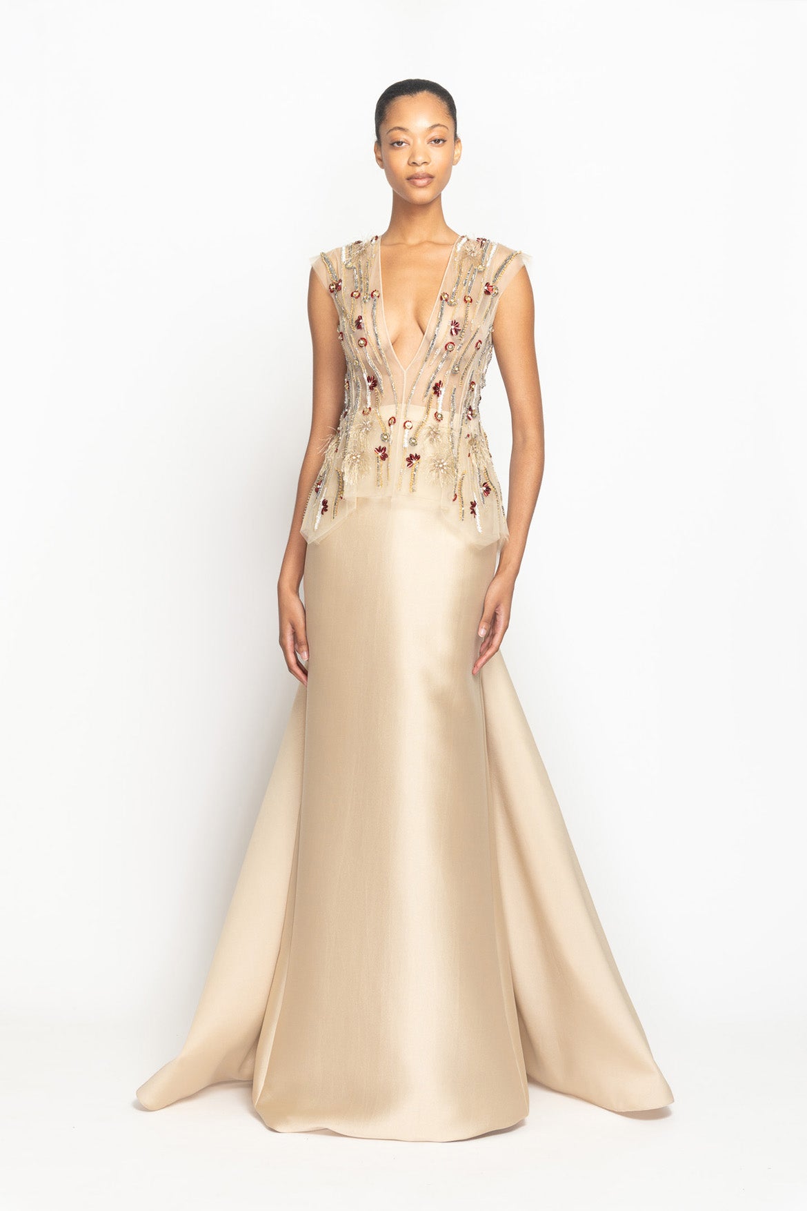 Sand Crystal Radicle Embroidered Deep Plunge Tulle Top Front