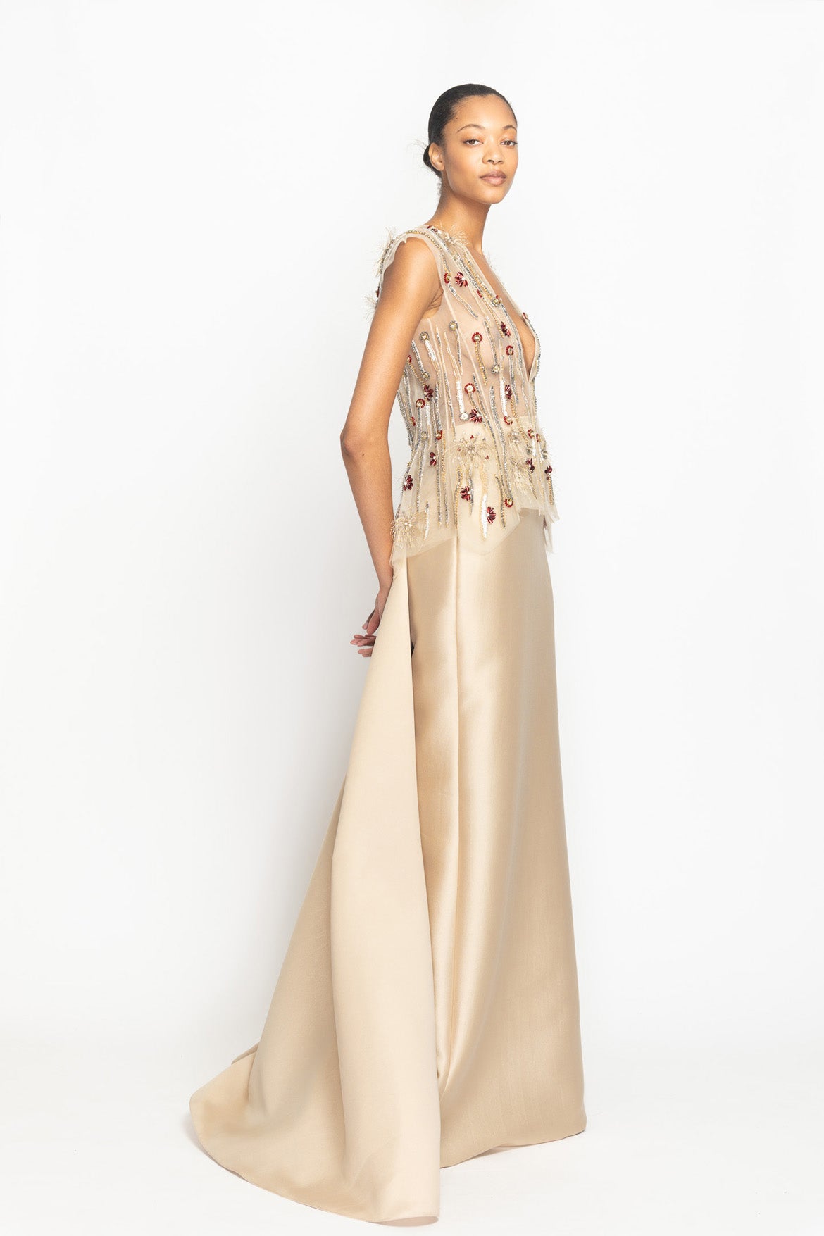 Sand Crystal Radicle Embroidered Deep Plunge Tulle Top Side One