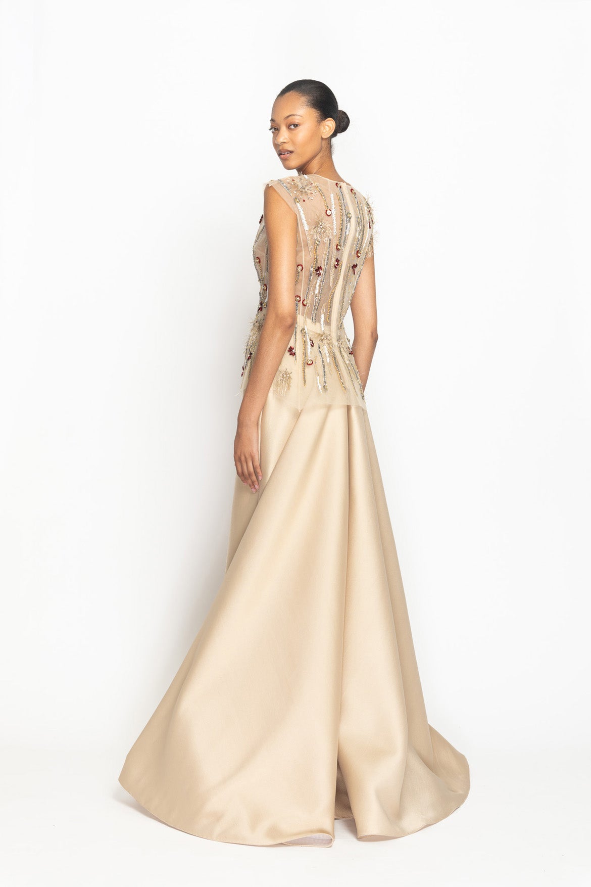 Sand Crystal Radicle Embroidered Deep Plunge Tulle Top Side Two