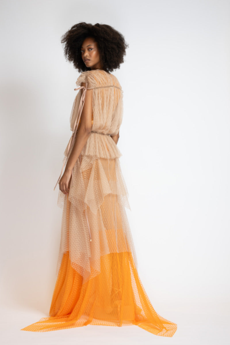 Tangerine And Almond Lattice Point D’Esprit Bohemian Gown 5