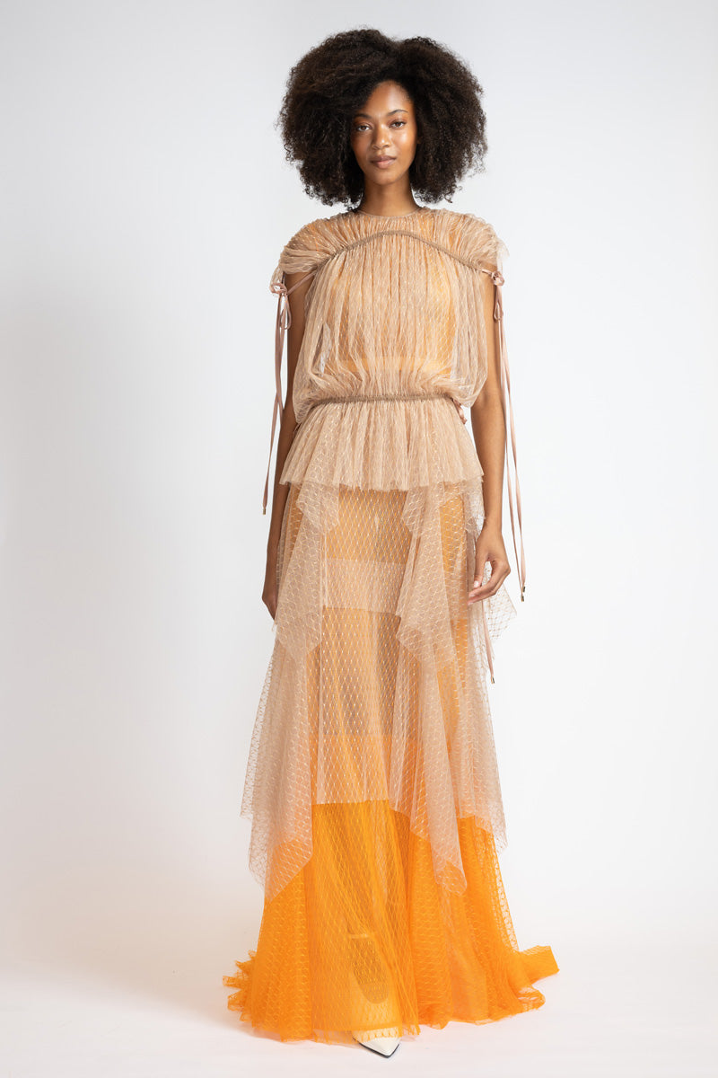 Tangerine And Almond Lattice Point D’Esprit Bohemian Gown 2