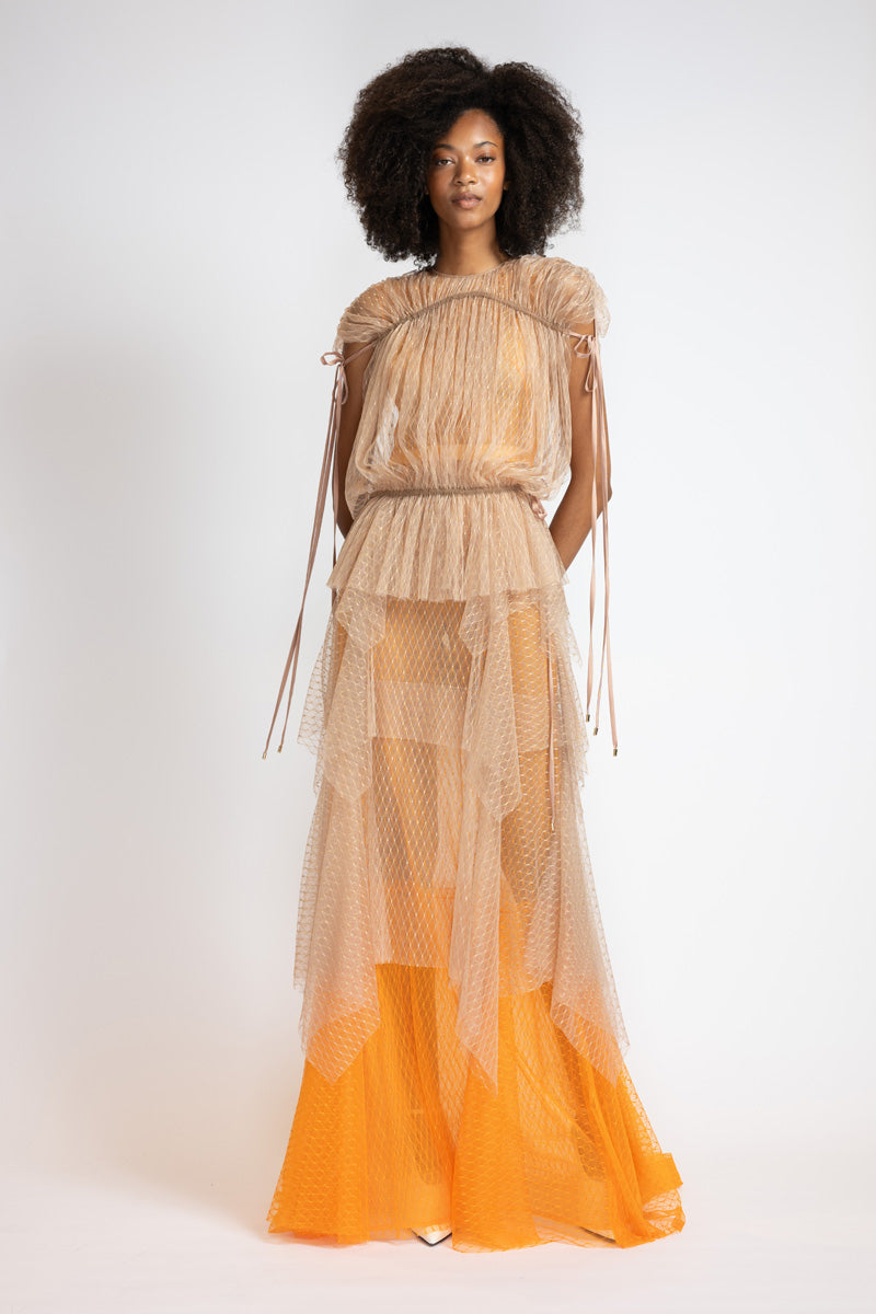 Tangerine And Almond Lattice Point D’Esprit Bohemian Gown 1