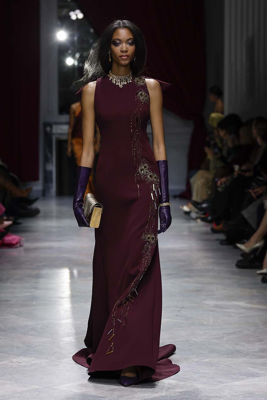 Onyx Jugnu Embroidered Tulle Jacket and Pleated Satin Crepe Gown Front Runway