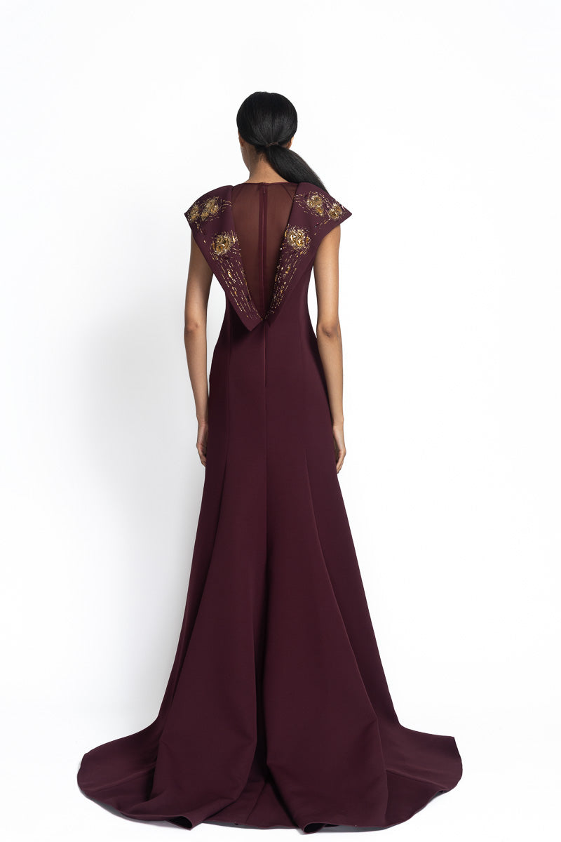 Onyx Jugnu Embroidered Tulle Jacket and Pleated Satin Crepe Gown Back