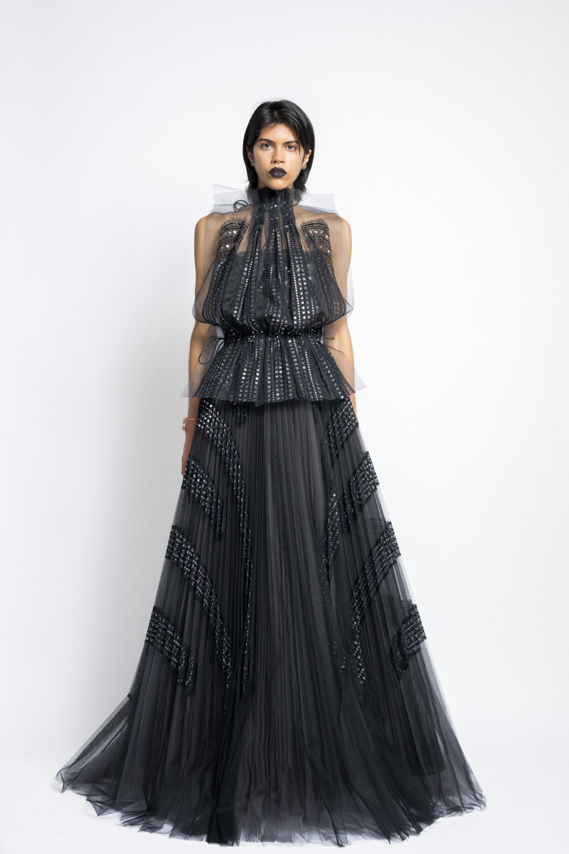 Metallic Nailhead Lace And Tulle Applique Pleated Gown WIth Blouson Top 2