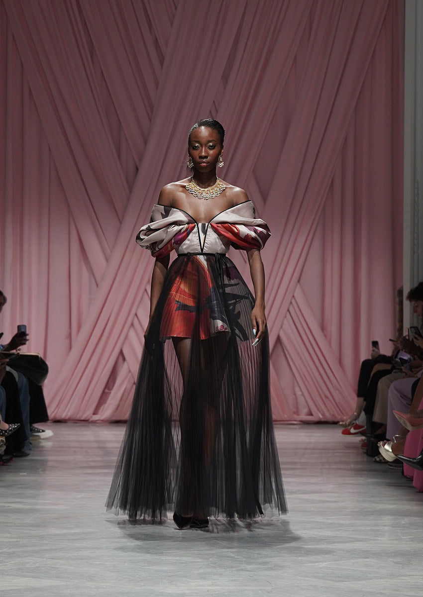 Rose Lata Print Barathea Gown with Canopy Skirt and Pleated Tulle Pareo 1