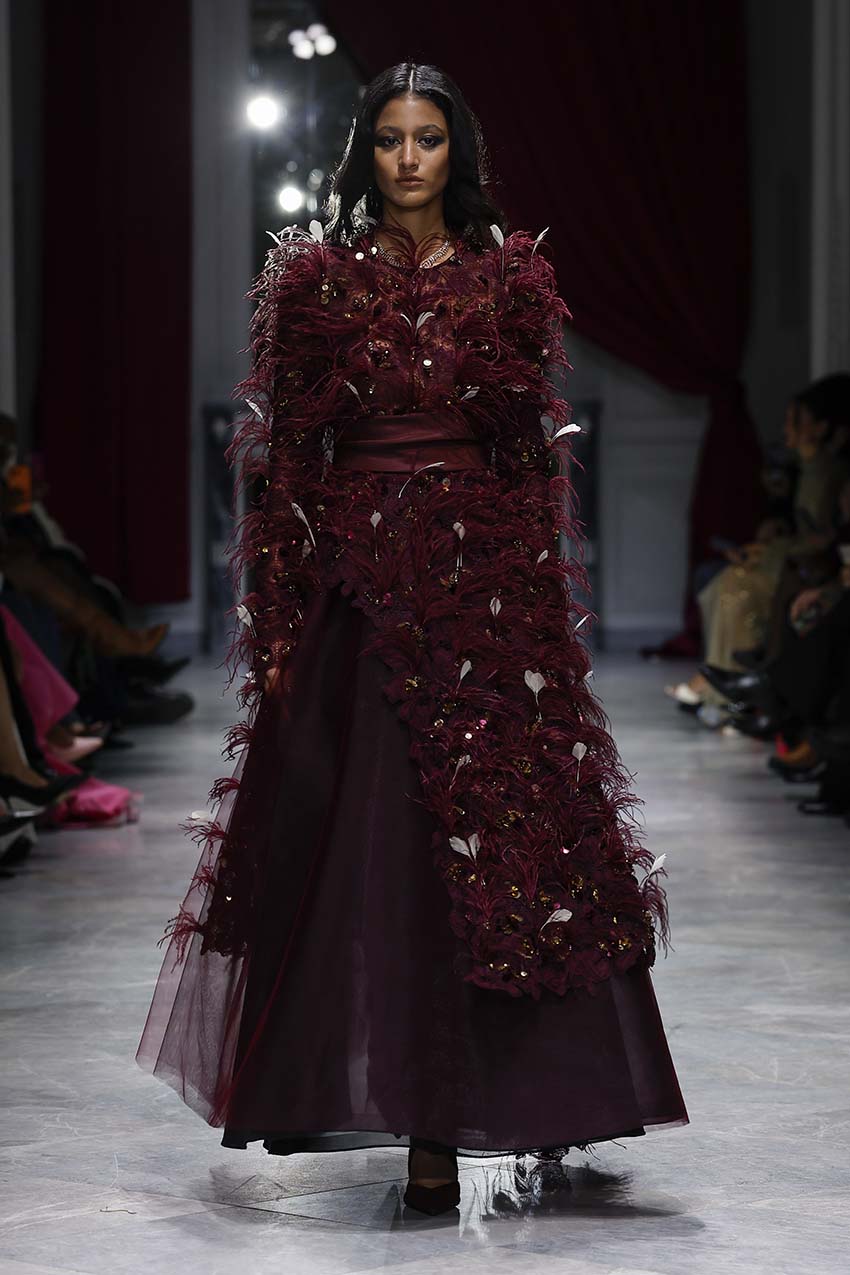 Claret Padma Lace & Tulle Gown with Pañjara Embroidery Front Runway