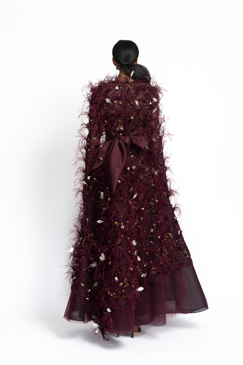 Claret Padma Lace & Tulle Gown with Pañjara Embroidery