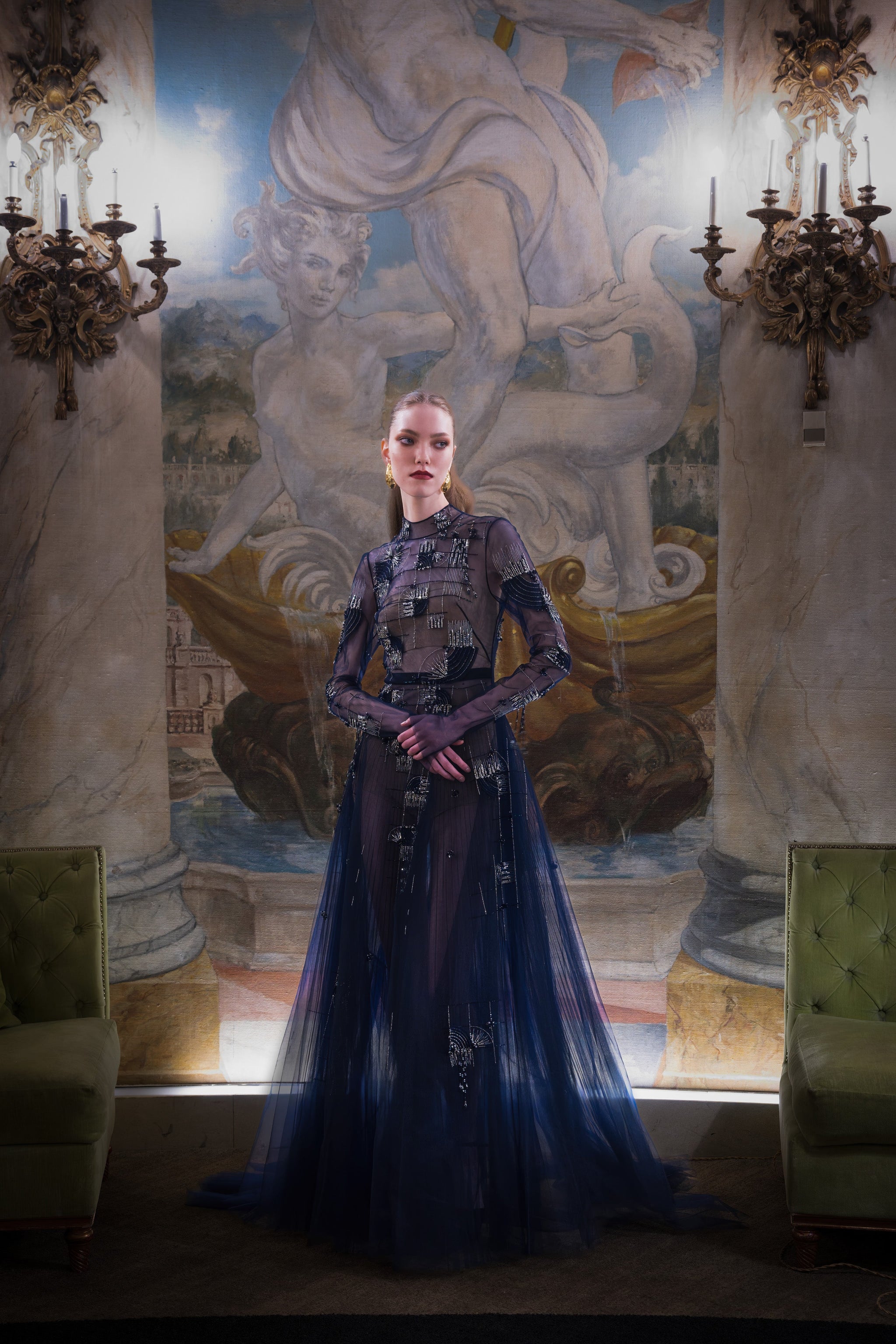 Navy Rice Plume Embroidery Tulle Gown With Pleated Skirt