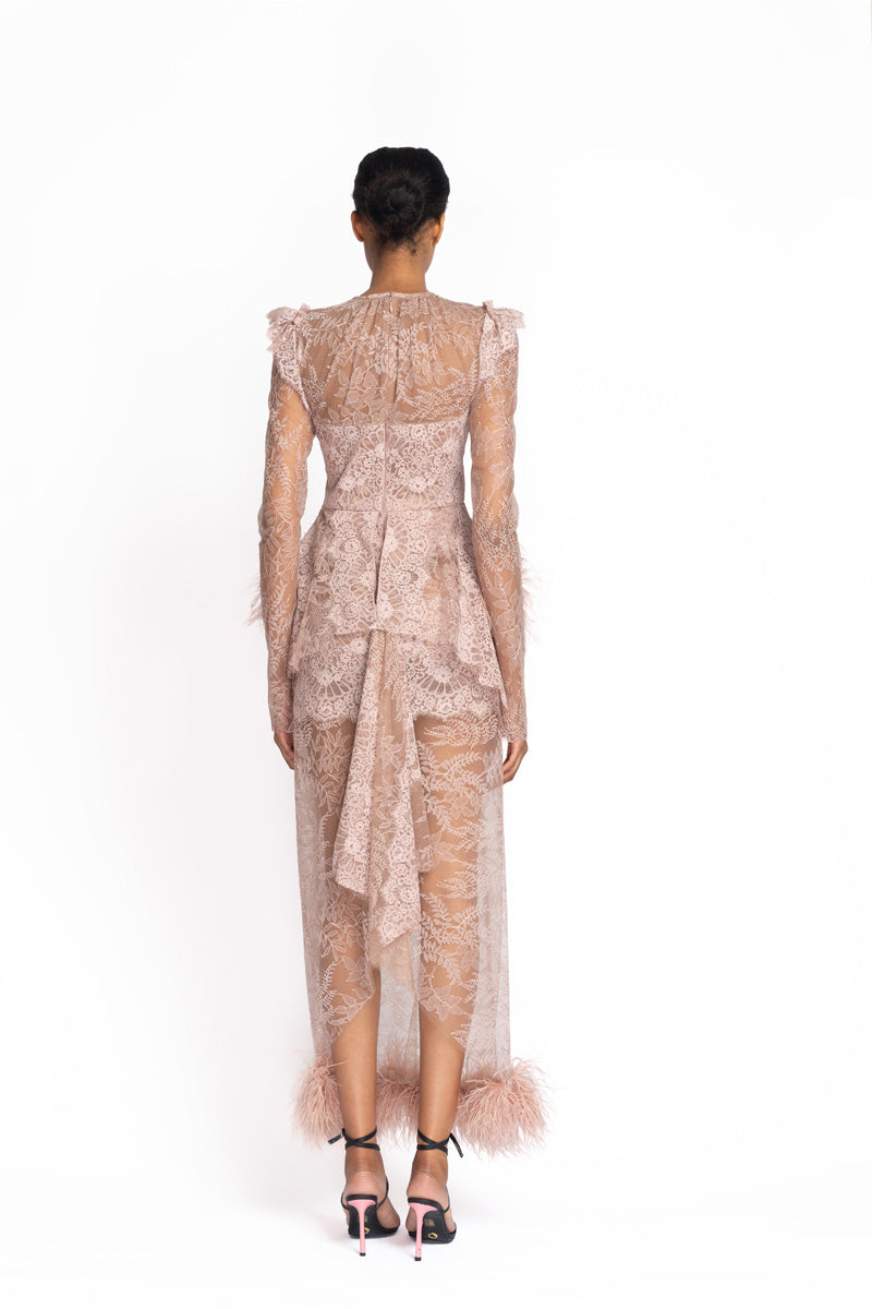 Primrose Chantilly Lace Dress with Feather Peplum and Hem 5