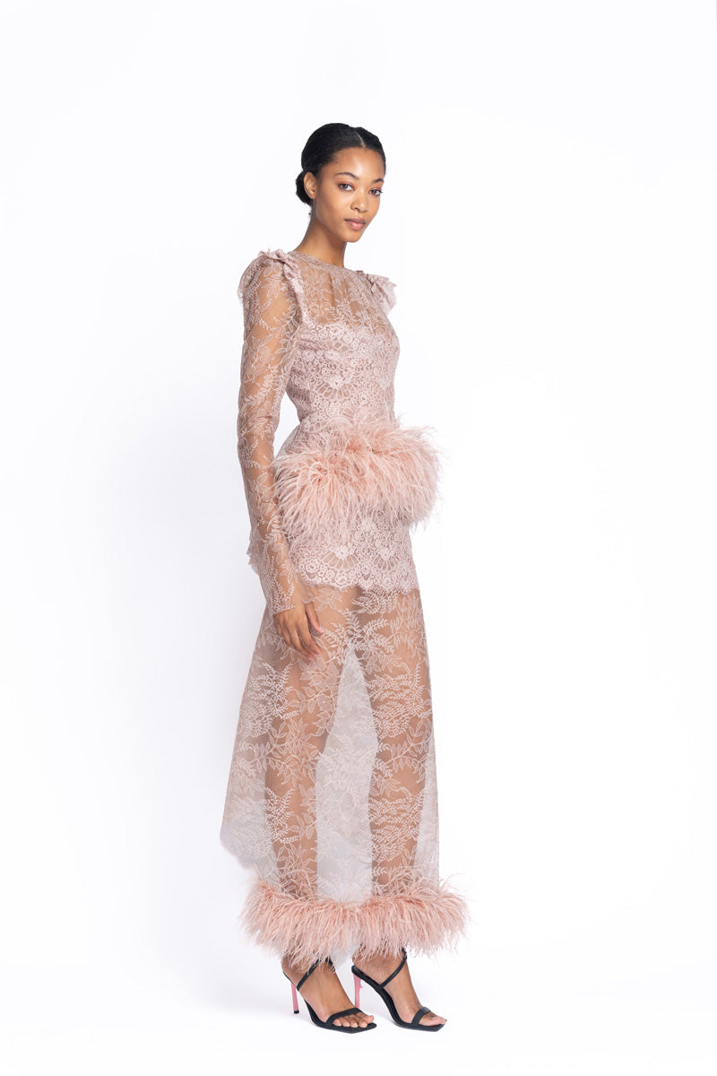 Primrose Chantilly Lace Dress with Feather Peplum and Hem 3