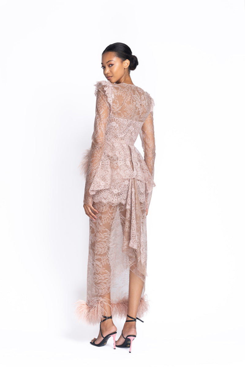 Primrose Chantilly Lace Dress with Feather Peplum and Hem 4