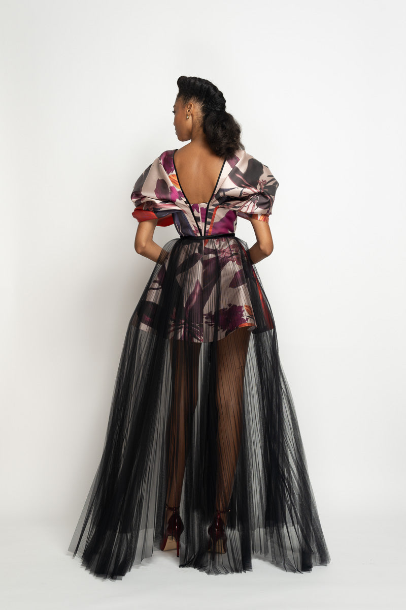 Rose Lata Print Barathea Gown with Canopy Skirt and Pleated Tulle Pareo 5