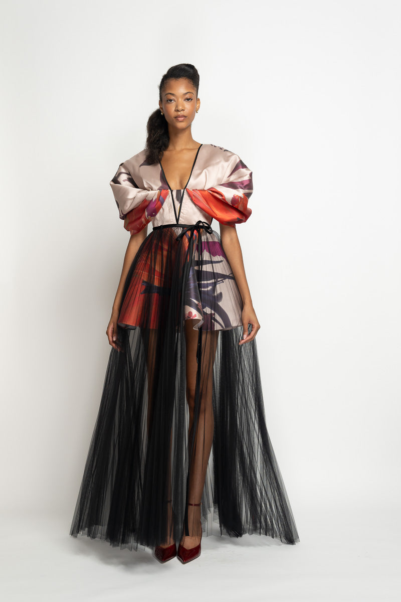 Rose Lata Print Barathea Gown with Canopy Skirt and Pleated Tulle Pareo 2