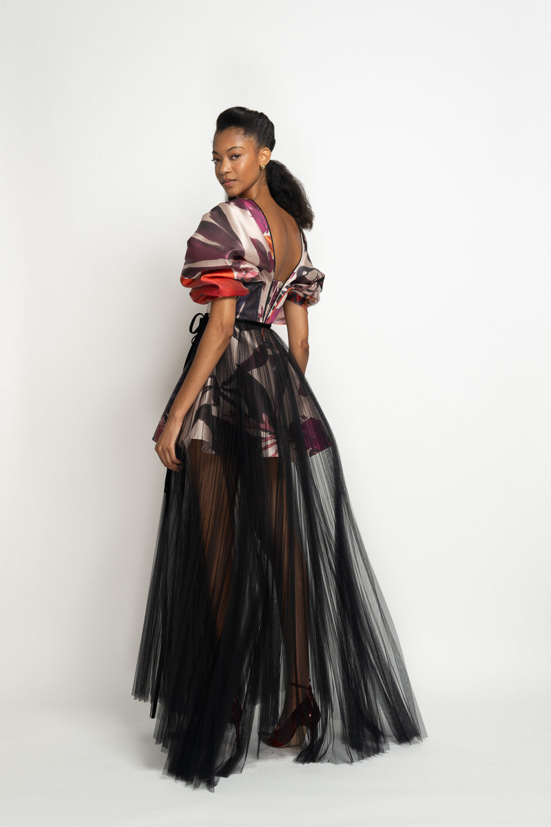 Rose Lata Print Barathea Gown with Canopy Skirt and Pleated Tulle Pareo 4