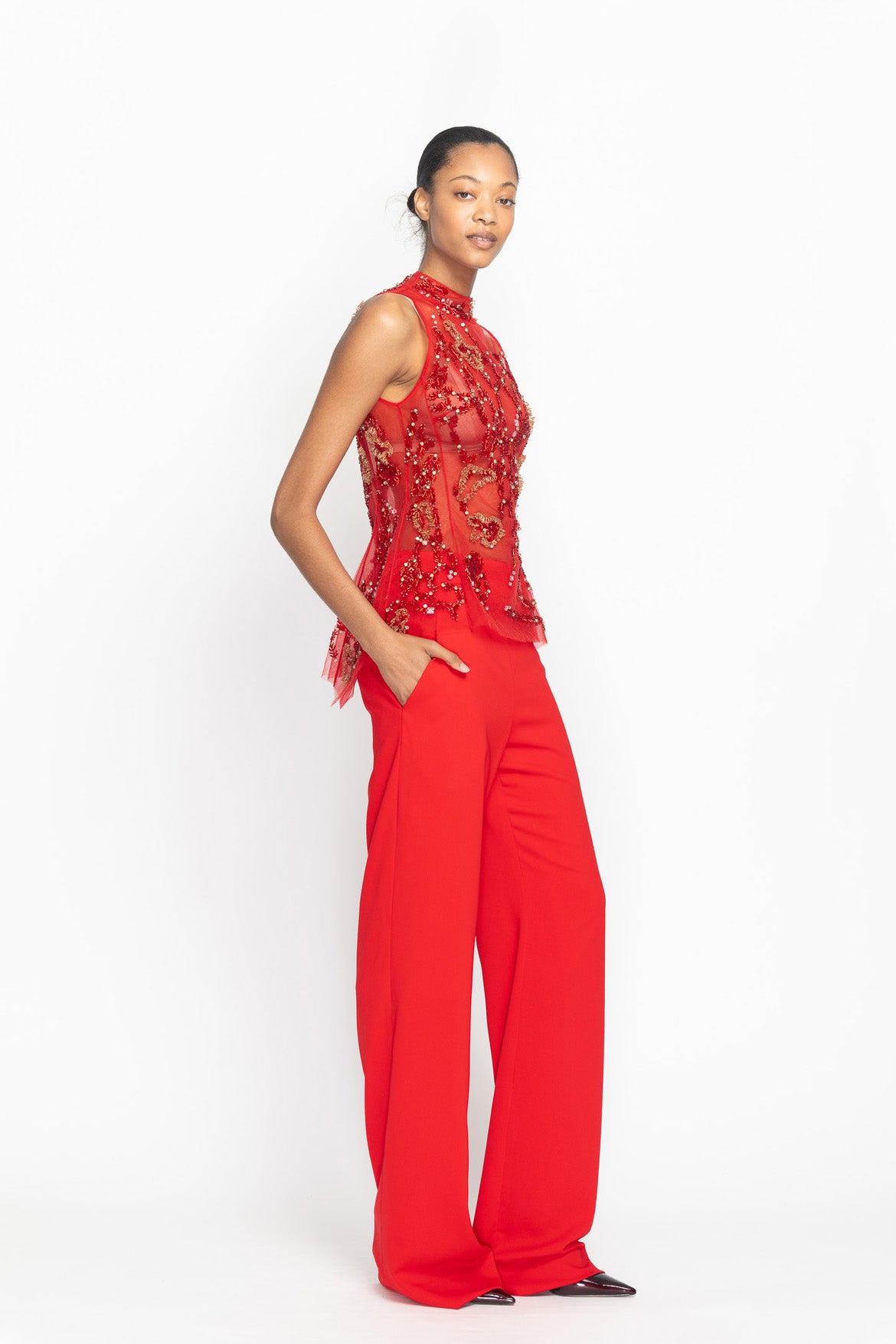 Sindoor Hex Weave Embroidered High Neck Tulle Top Side One