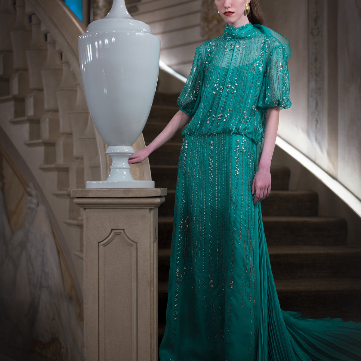 Lagoon Blue Silk Organza Gown With Pleated Mousseline Train And Monsoo