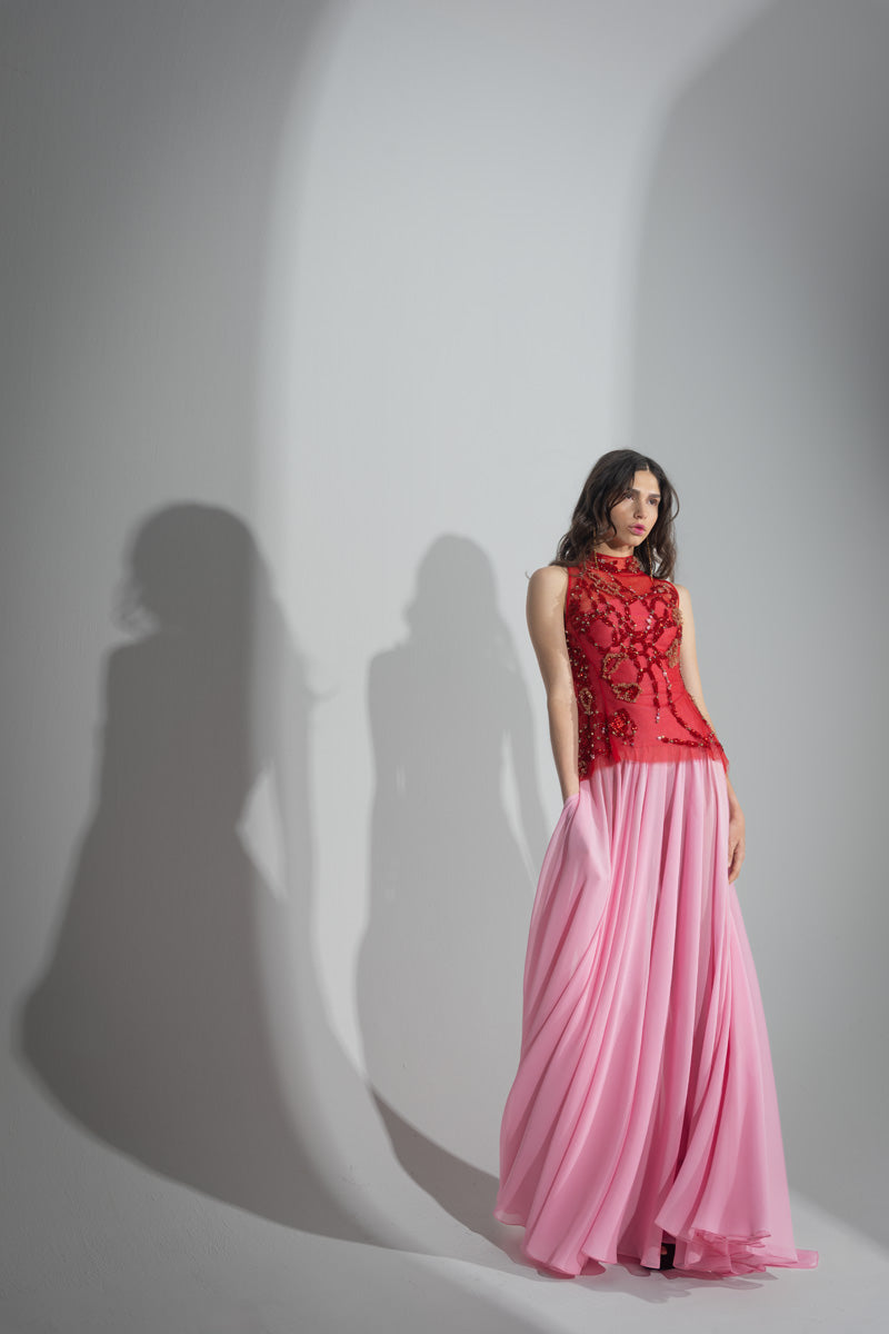 Sindoor Hex Weave Embroidered High Neck Tulle Top over Wild Rose Strapless Silk Barathea and Chiffon Gown Front Runway