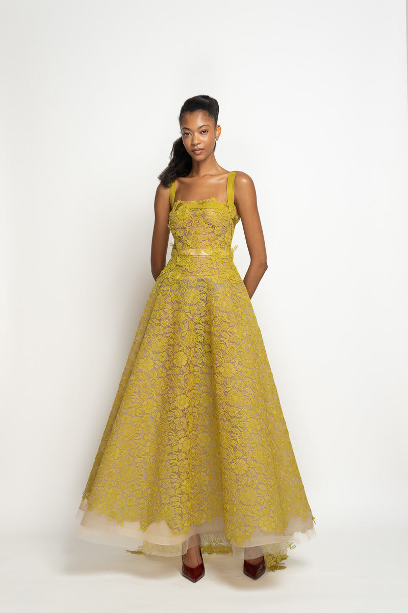 Chartreuse Smita Lace Gown with Harness Details 2