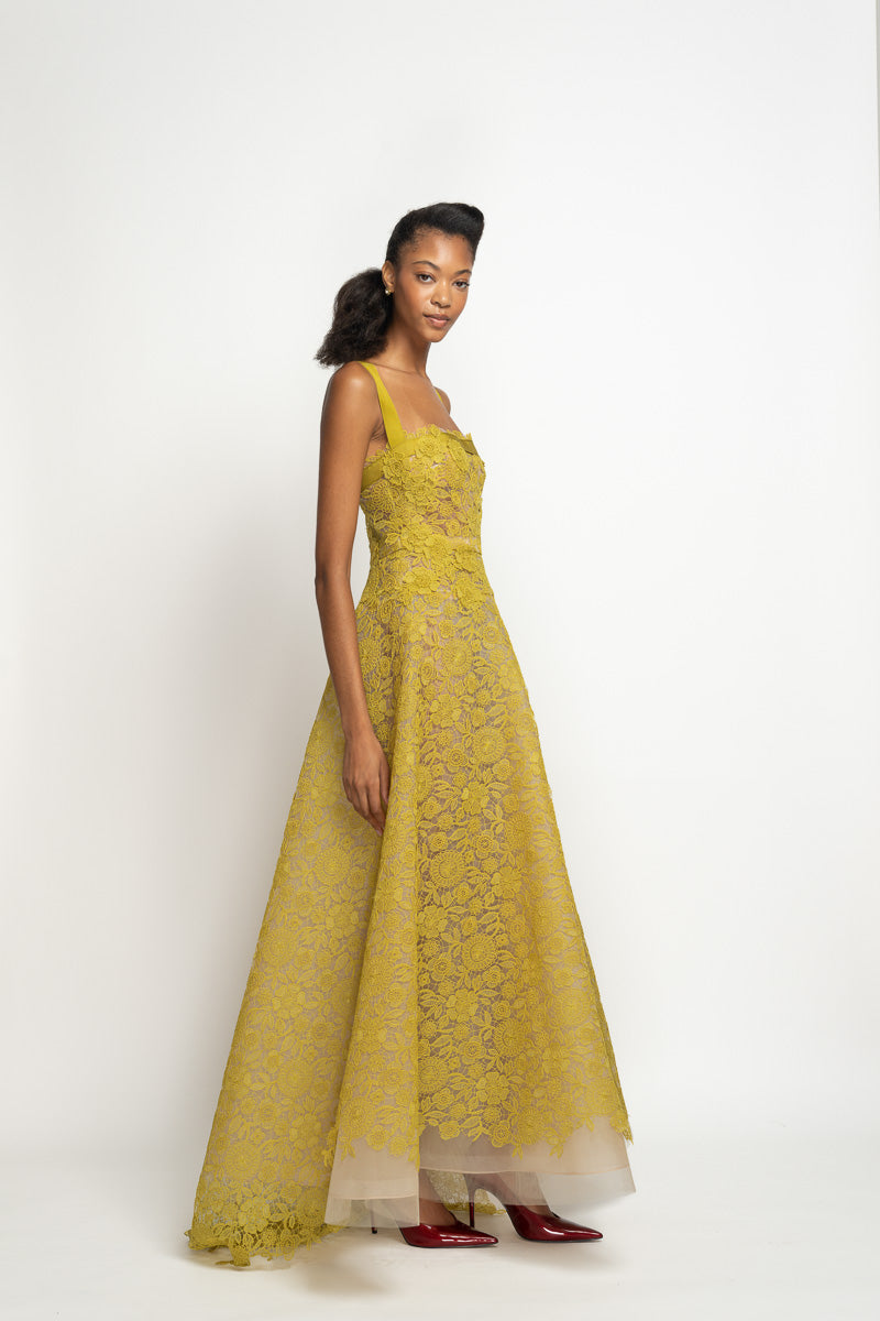 Chartreuse Smita Lace Gown with Harness Details 3