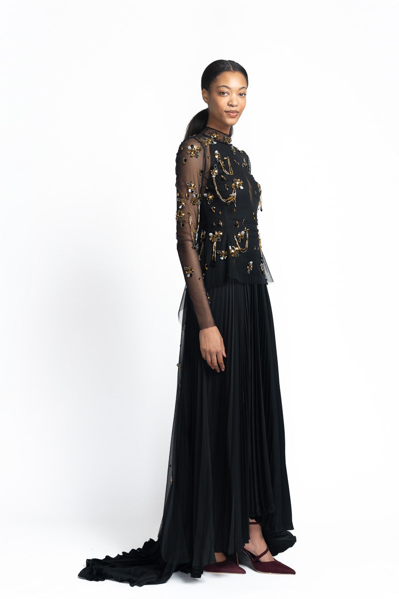 Claret Cady Gown with Chakra Embroidery and Wing-Back Detail Side One