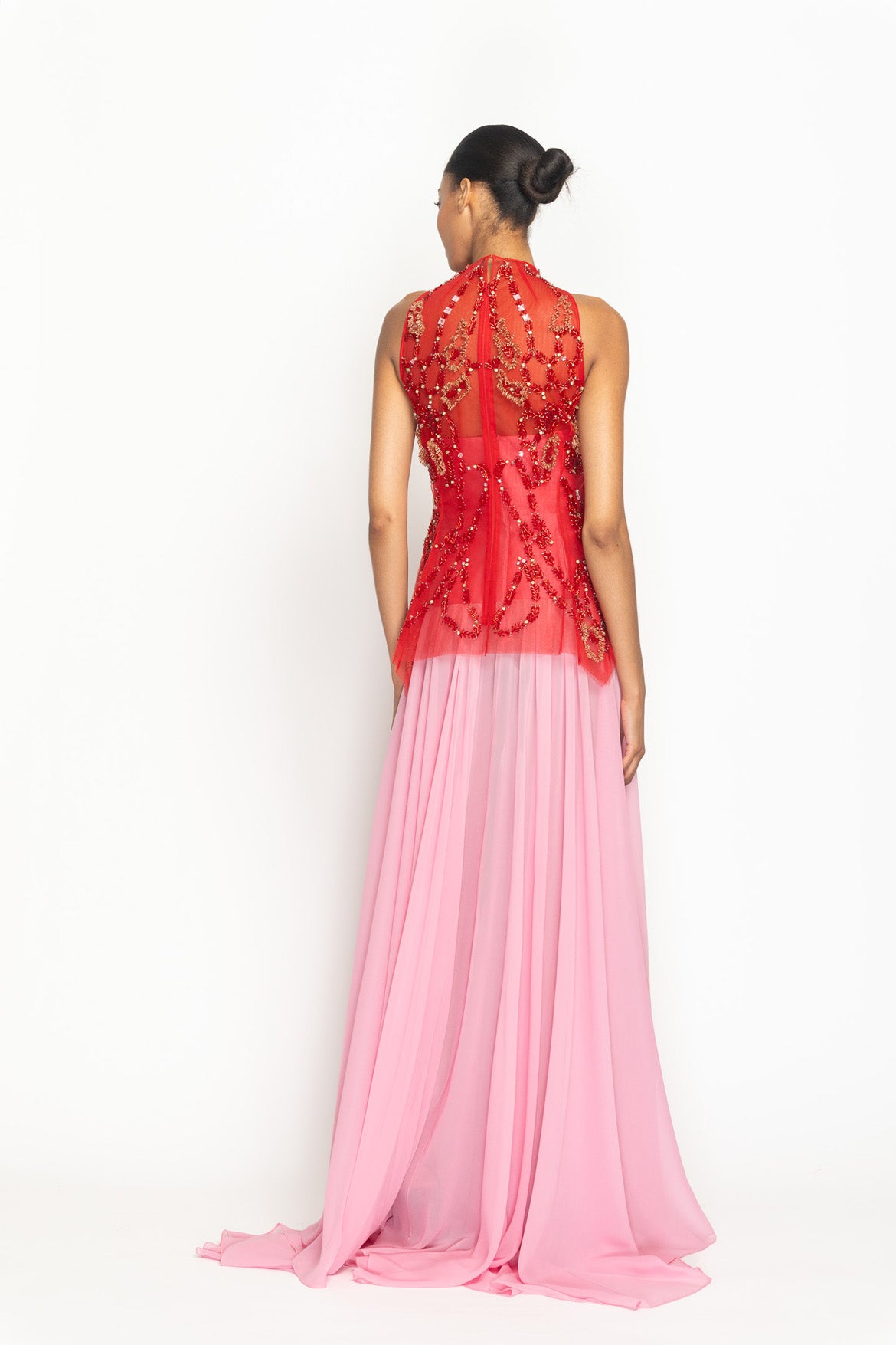Sindoor Hex Weave Embroidered High Neck Tulle Top over Wild Rose Strapless Silk Barathea and Chiffon Gown Back