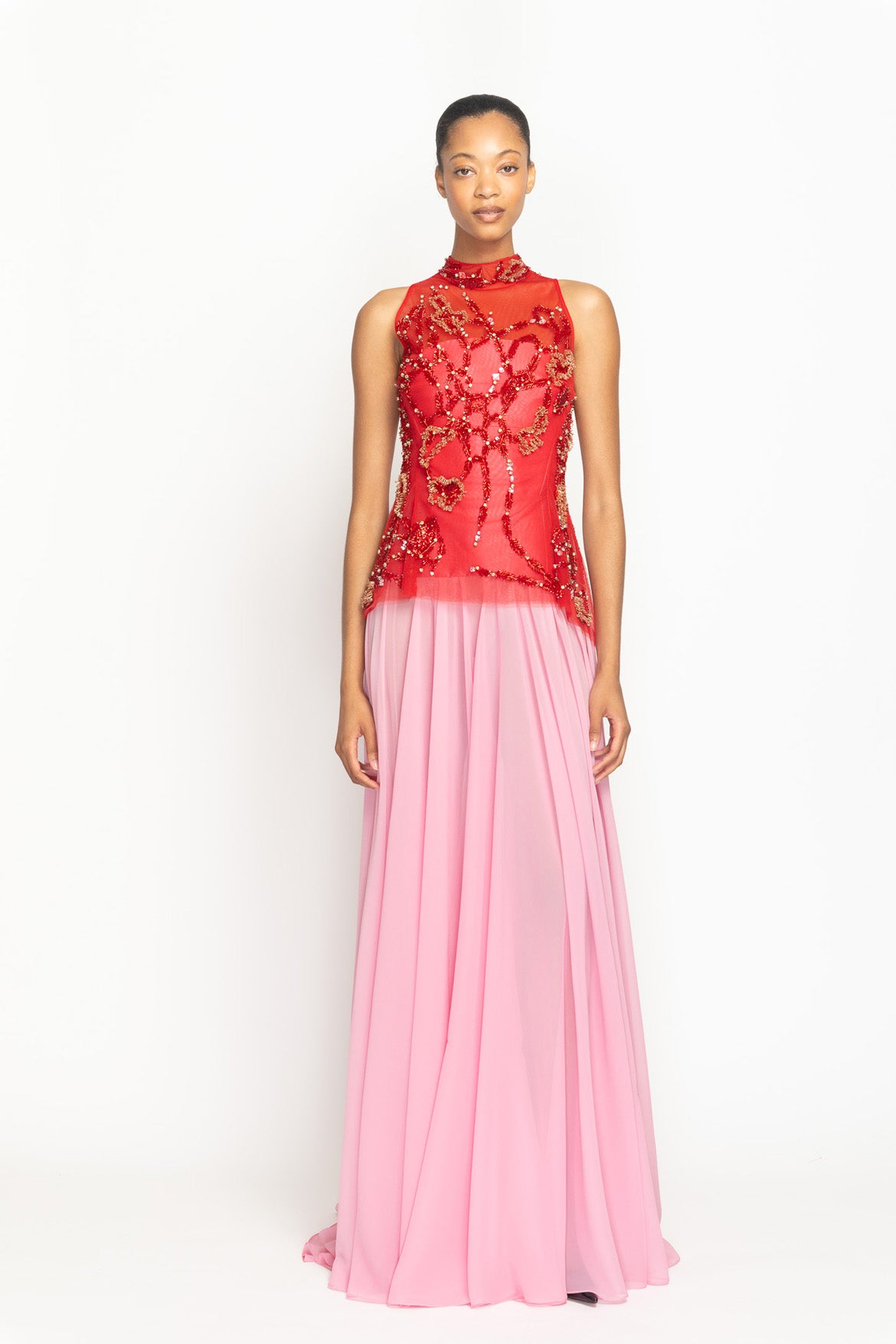 Sindoor Hex Weave Embroidered High Neck Tulle Top over Wild Rose Strapless Silk Barathea and Chiffon Gown Front