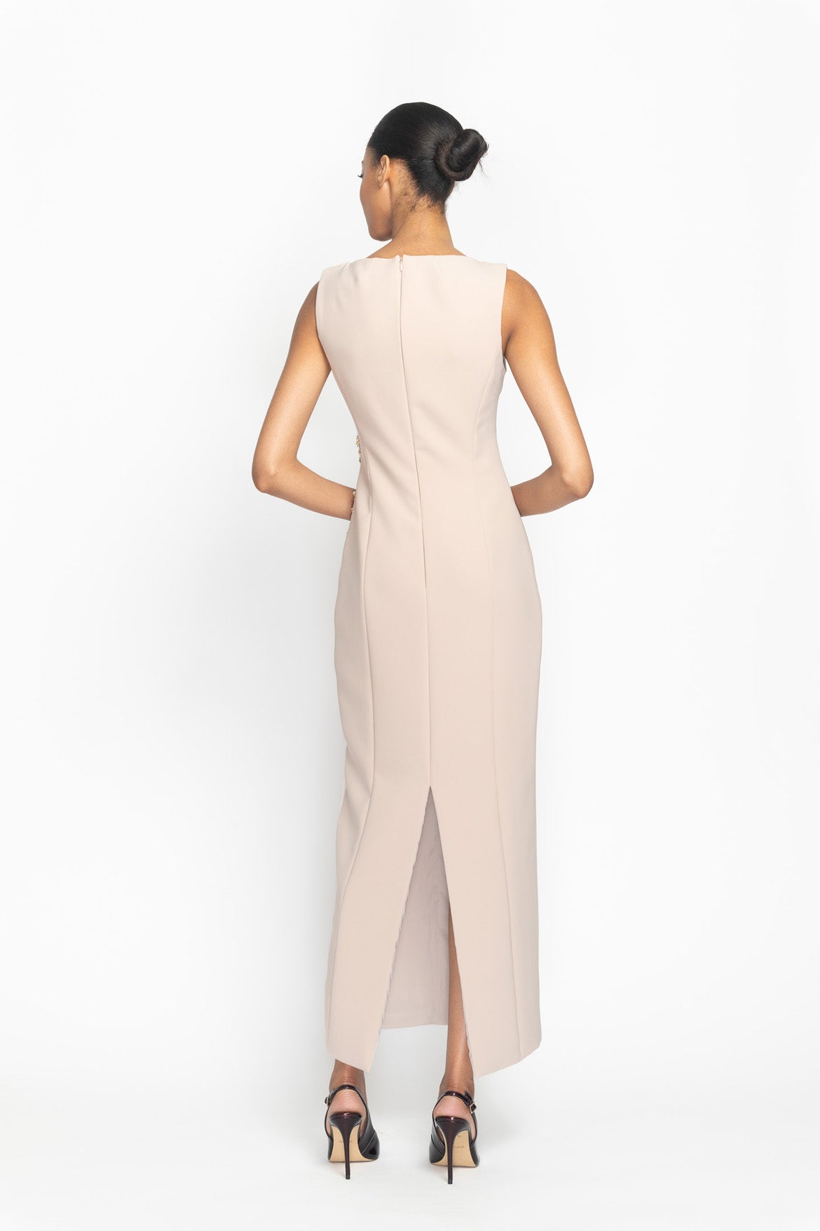 Almond Cady Hex Weave Embroidered Dress with Sheer Peek-A-Boo Panel Back