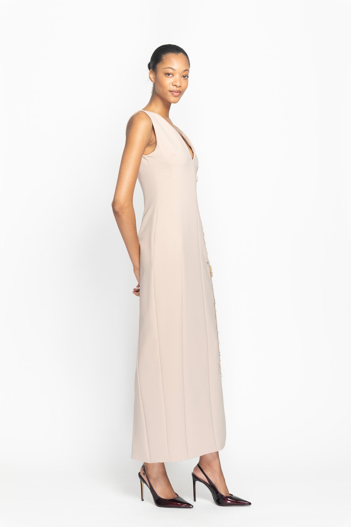Almond Cady Hex Weave Embroidered Dress with Sheer Peek-A-Boo Panel Side One