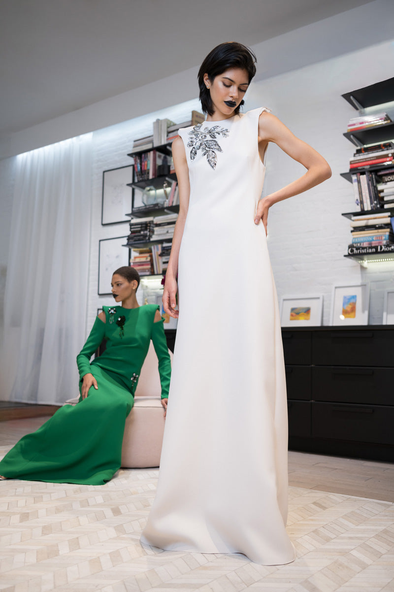 Bay Leaf Sequin And Crystal Embroidery Cady Gown With Sharp Shoulders 1