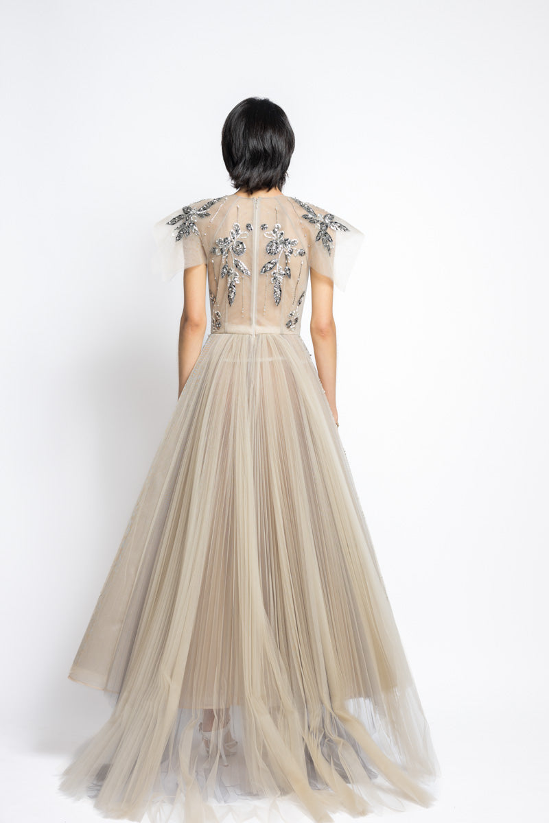 Bay Leaf Sequin And Crystal Embroidery Tulle Gown With Pleated Train 7