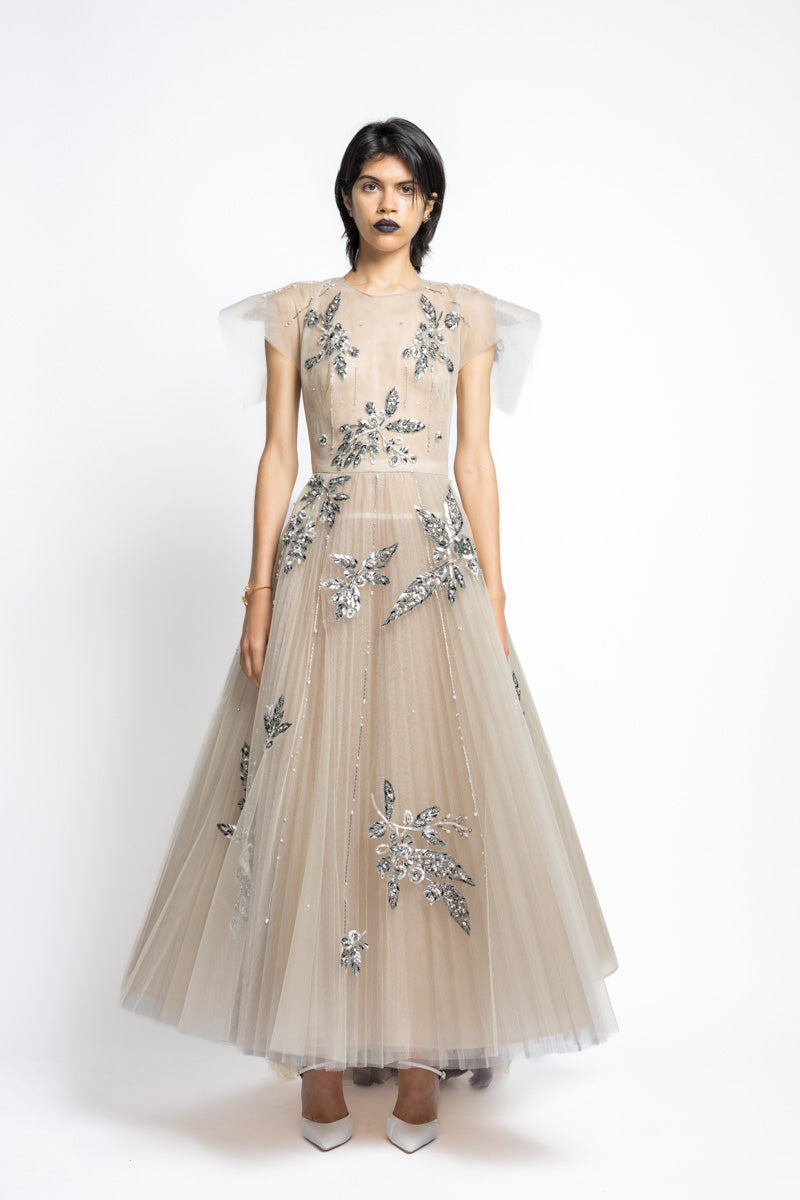 Bay Leaf Sequin And Crystal Embroidery Tulle Gown With Pleated Train 2