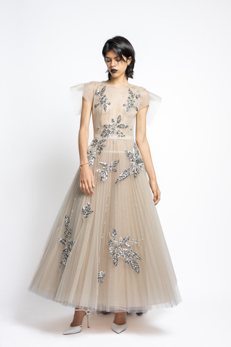 Bay Leaf Sequin And Crystal Embroidery Tulle Gown With Pleated Train 3