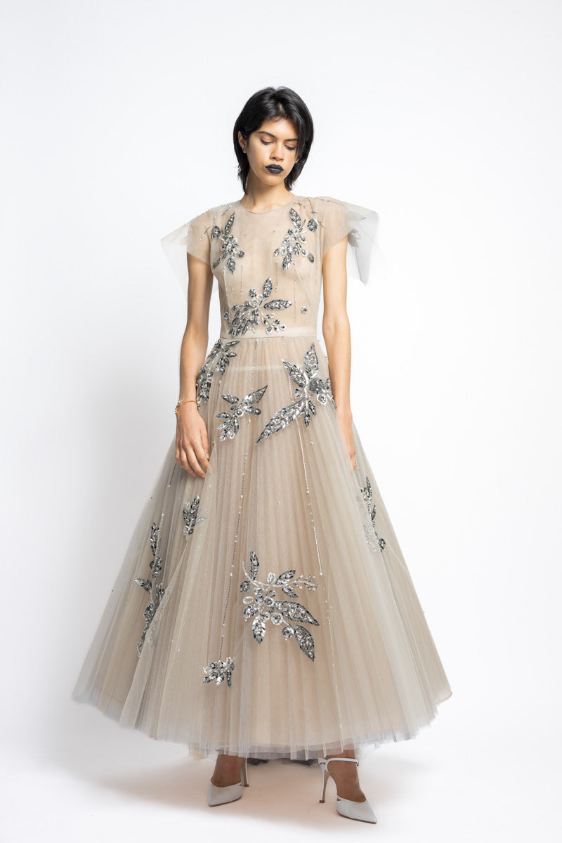 Bay Leaf Sequin And Crystal Embroidery Tulle Gown With Pleated Train 4