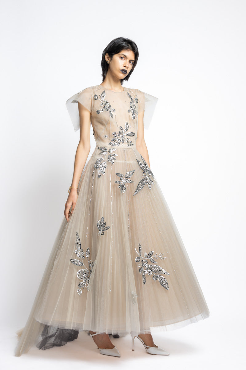 Bay Leaf Sequin And Crystal Embroidery Tulle Gown With Pleated Train 5