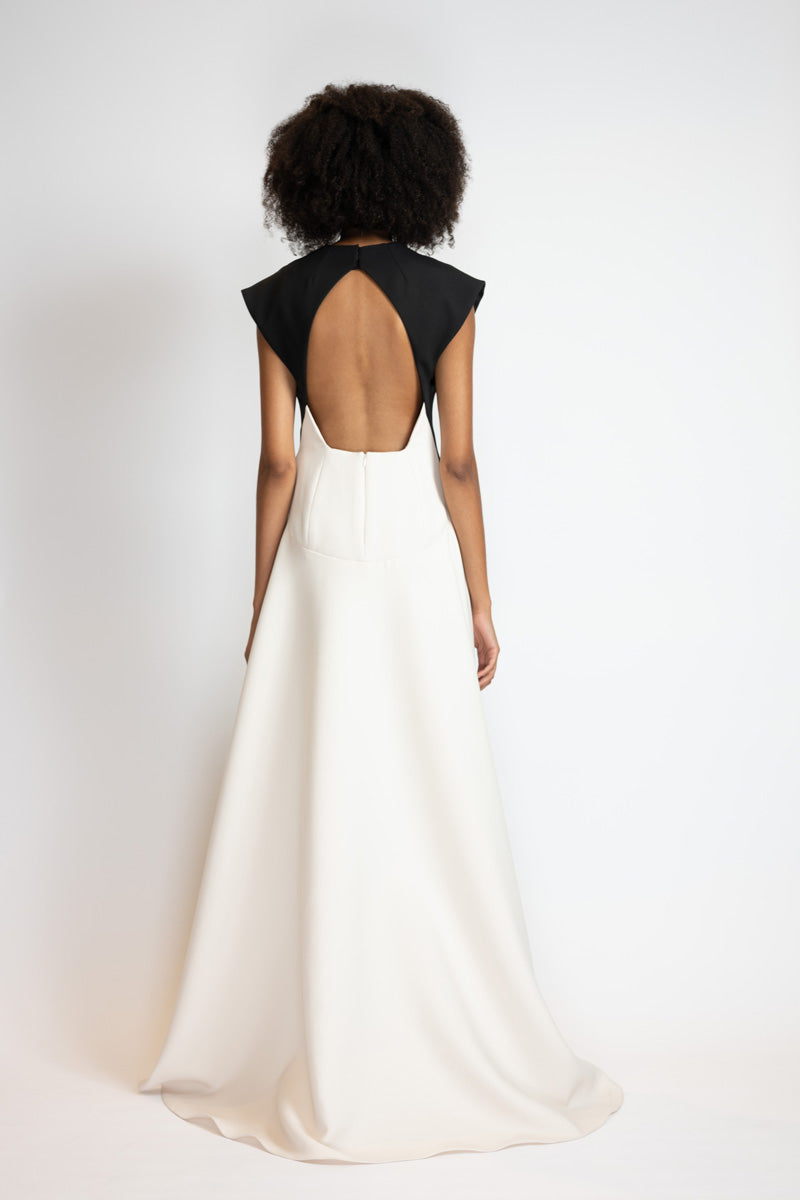 Black Cady Gown With Ivory Cady Train And Open Back 4