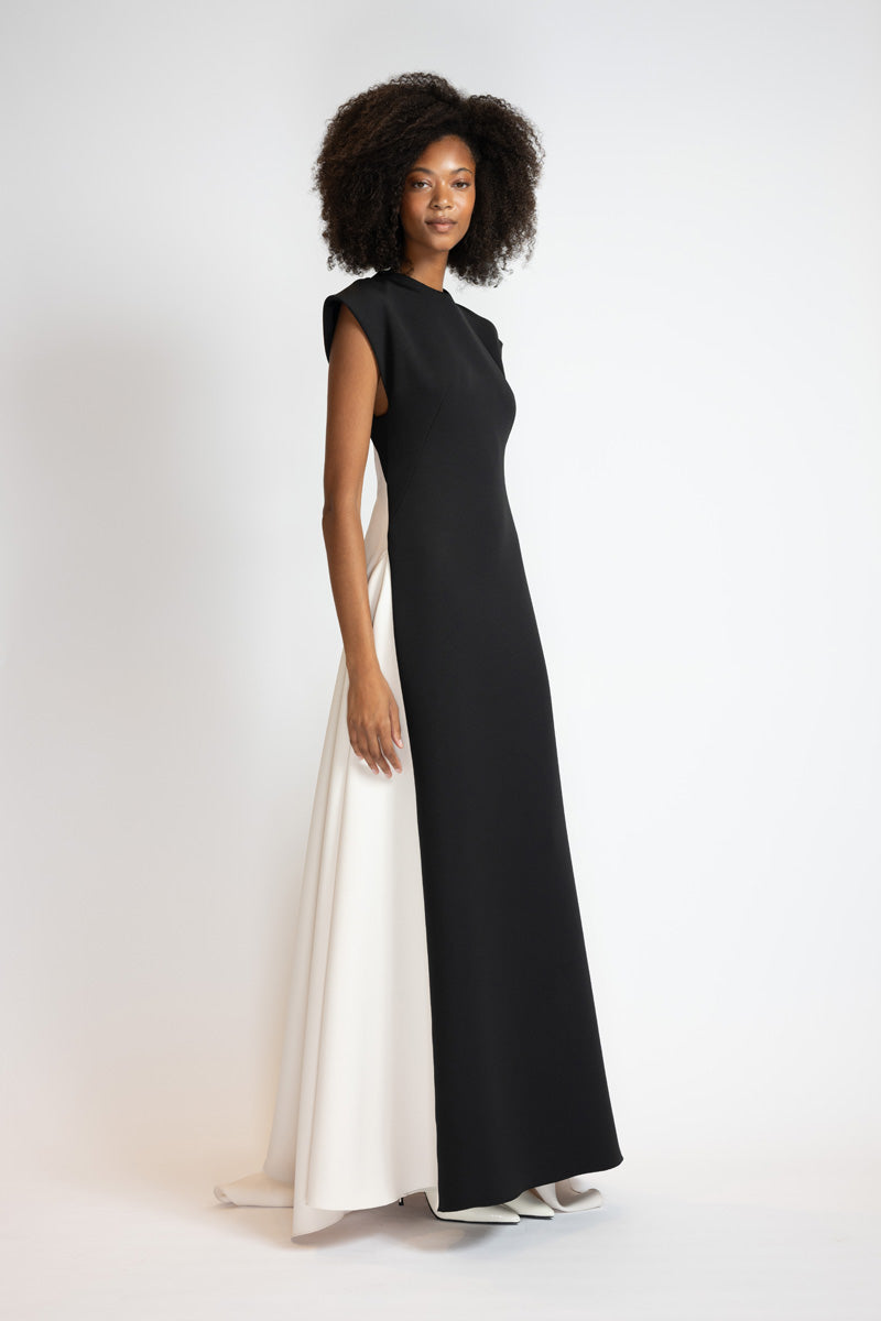 Black Cady Gown With Ivory Cady Train And Open Back 2